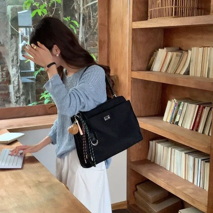 MOMENTLOVER  2025 Black Oxford cloth commuter tote bag women's large capacity Kelly bag autumn and winter versatile portable messenger briefcase
