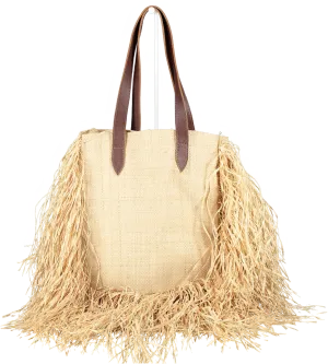 Nannacay Beige Raffia Fringed Tote Bag