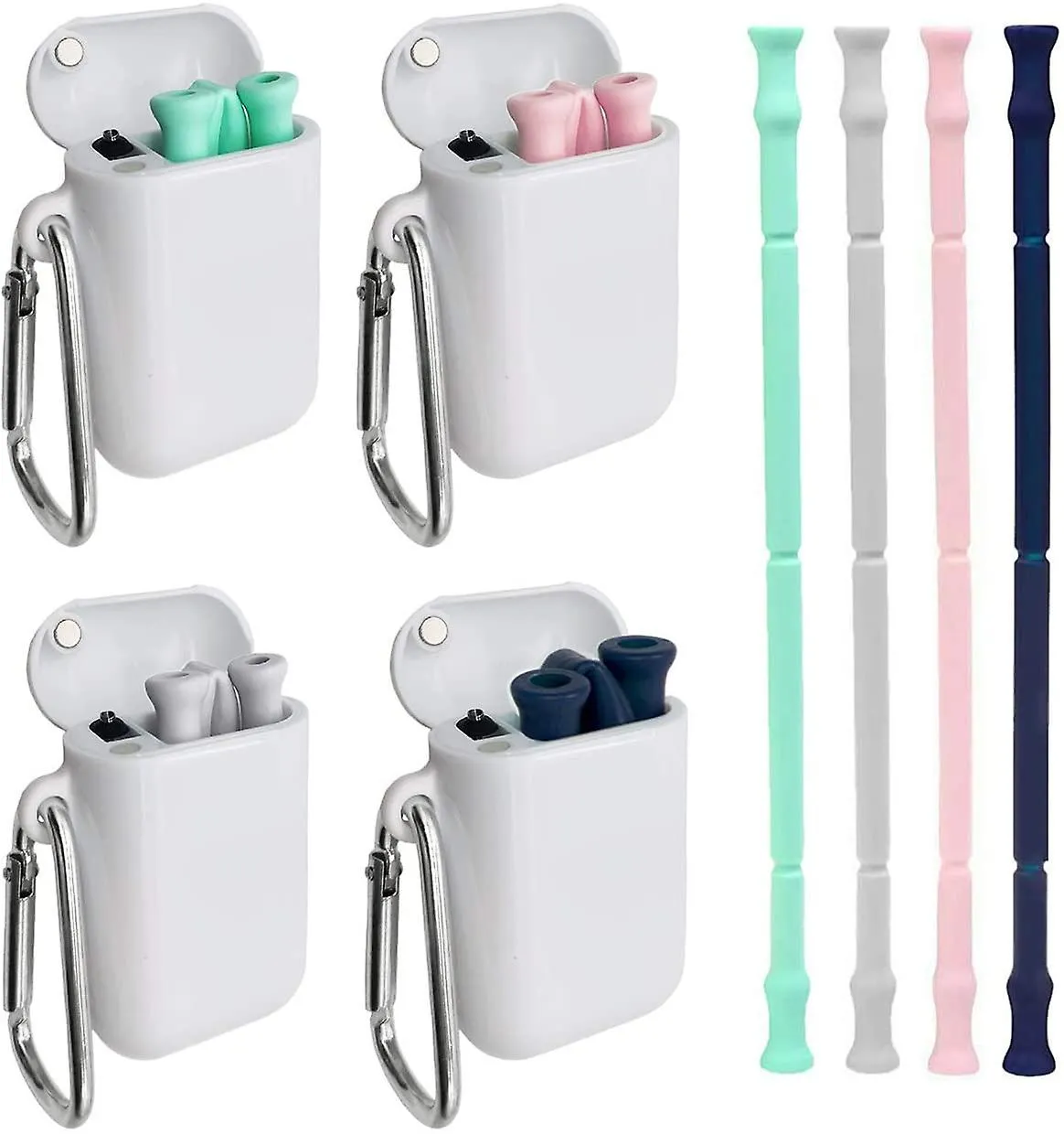 New 4 PACK Reusable Silicone Collapsible Portable Drinking Straws With Carrying Case And Cleaning Brush Bpa Free