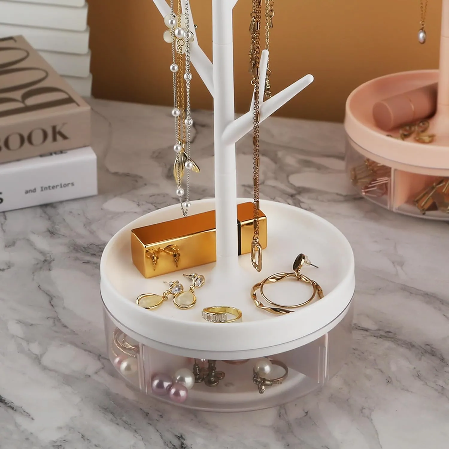 NEW Branch Jewelry Rack With Rotatable Base and Storage Box Tree Tower Rack Hanging Organizer for Ring Earrings Necklace Bracelet, Suitable for Living Rooms, Bathrooms, Offices, Etc., White