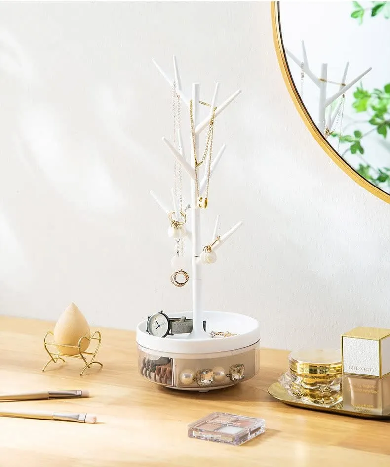 NEW Branch Jewelry Rack With Rotatable Base and Storage Box Tree Tower Rack Hanging Organizer for Ring Earrings Necklace Bracelet, Suitable for Living Rooms, Bathrooms, Offices, Etc., White