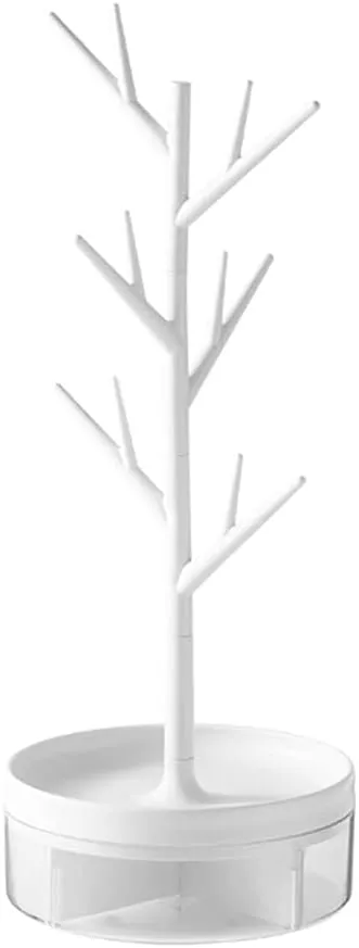 NEW Branch Jewelry Rack With Rotatable Base and Storage Box Tree Tower Rack Hanging Organizer for Ring Earrings Necklace Bracelet, Suitable for Living Rooms, Bathrooms, Offices, Etc., White