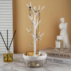 NEW Branch Jewelry Rack With Rotatable Base and Storage Box Tree Tower Rack Hanging Organizer for Ring Earrings Necklace Bracelet, Suitable for Living Rooms, Bathrooms, Offices, Etc., White