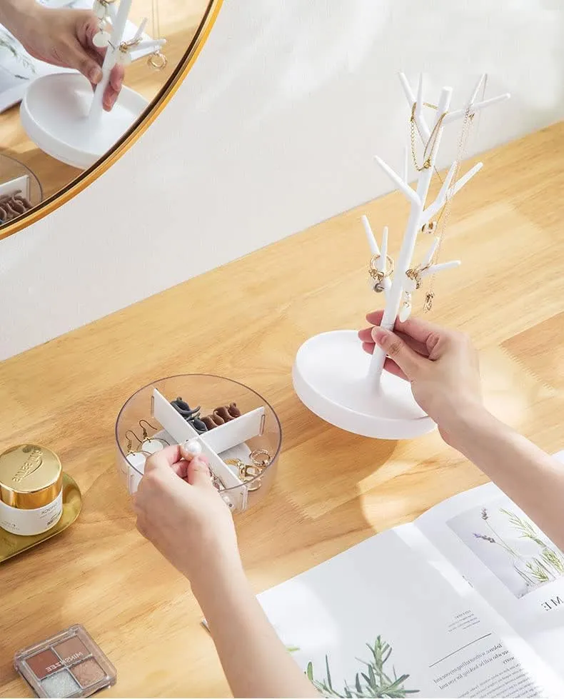 NEW Branch Jewelry Rack With Rotatable Base and Storage Box Tree Tower Rack Hanging Organizer for Ring Earrings Necklace Bracelet, Suitable for Living Rooms, Bathrooms, Offices, Etc., White