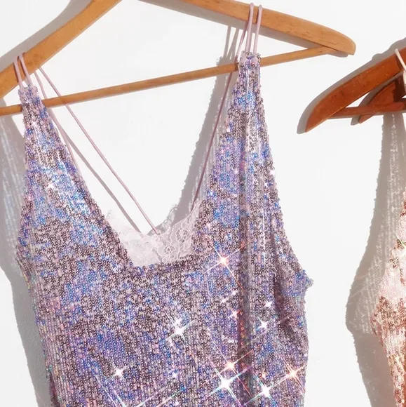 NEW Free People Lavender Combo Rise And Shine Embellished Sequin Slip Mini M