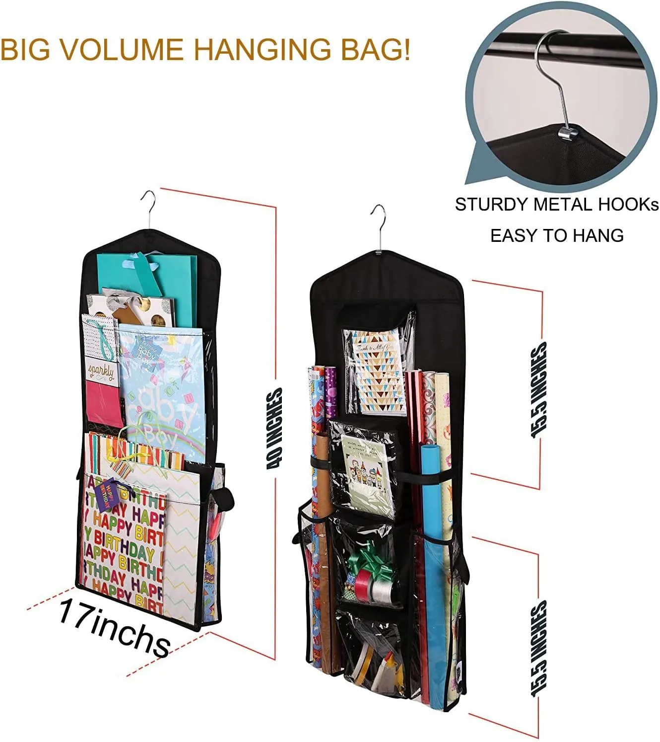 New LXTaoler Double-Sided Hanging Gift Bag, Hanging Gift Wrapping Paper Storage Organizer Bag with Multiple Pockets 40 X 17 Inch Clear PVC Bag (Black)