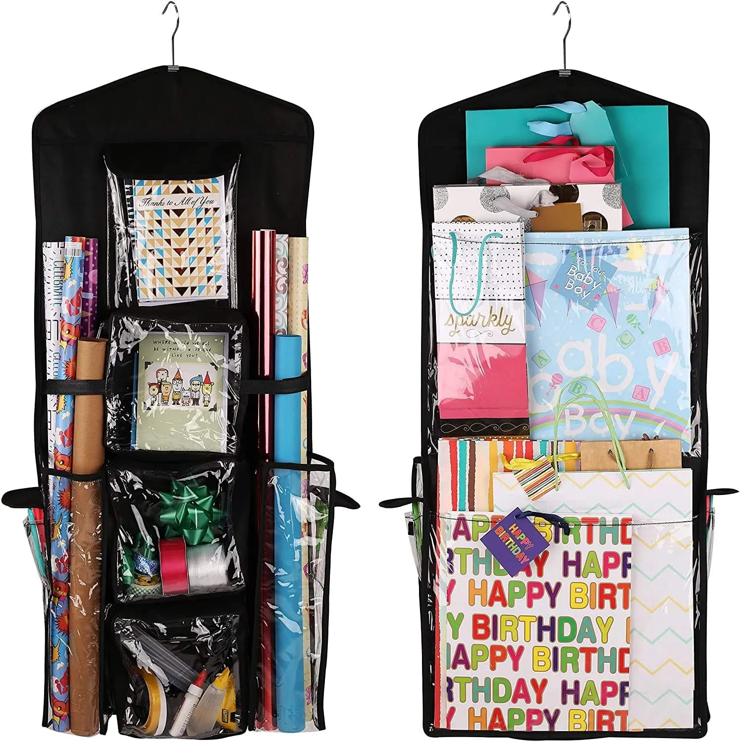 New LXTaoler Double-Sided Hanging Gift Bag, Hanging Gift Wrapping Paper Storage Organizer Bag with Multiple Pockets 40 X 17 Inch Clear PVC Bag (Black)