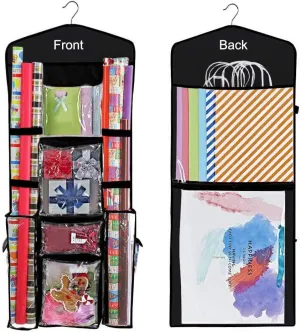 New LXTaoler Double-Sided Hanging Gift Bag, Hanging Gift Wrapping Paper Storage Organizer Bag with Multiple Pockets 40 X 17 Inch Clear PVC Bag (Black)