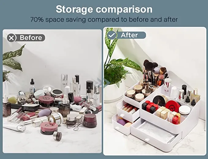 New Makeup Organizer With Drawers,Large Countertop Storage for Cosmetics Elegant Vanity Holder for Brushes, Eyeshadow, Lotions, Lipstick, Nail Polish and Jewelry (White)