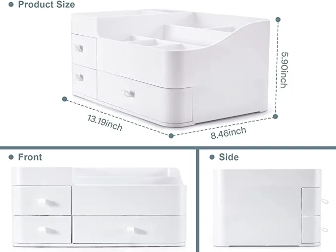 New Makeup Organizer With Drawers,Large Countertop Storage for Cosmetics Elegant Vanity Holder for Brushes, Eyeshadow, Lotions, Lipstick, Nail Polish and Jewelry (White)
