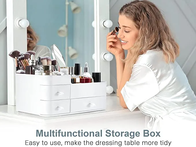 New Makeup Organizer With Drawers,Large Countertop Storage for Cosmetics Elegant Vanity Holder for Brushes, Eyeshadow, Lotions, Lipstick, Nail Polish and Jewelry (White)