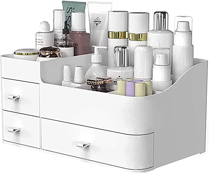 New Makeup Organizer With Drawers,Large Countertop Storage for Cosmetics Elegant Vanity Holder for Brushes, Eyeshadow, Lotions, Lipstick, Nail Polish and Jewelry (White)
