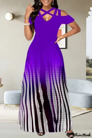 New Olivia Mark – Casual Print Hollowed Out V Neck Long Dress in Purple, Sz L!