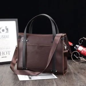 new retro men's handbag horizontal Crazy Horse leather business briefcase contrasting color shoulder messenger bag