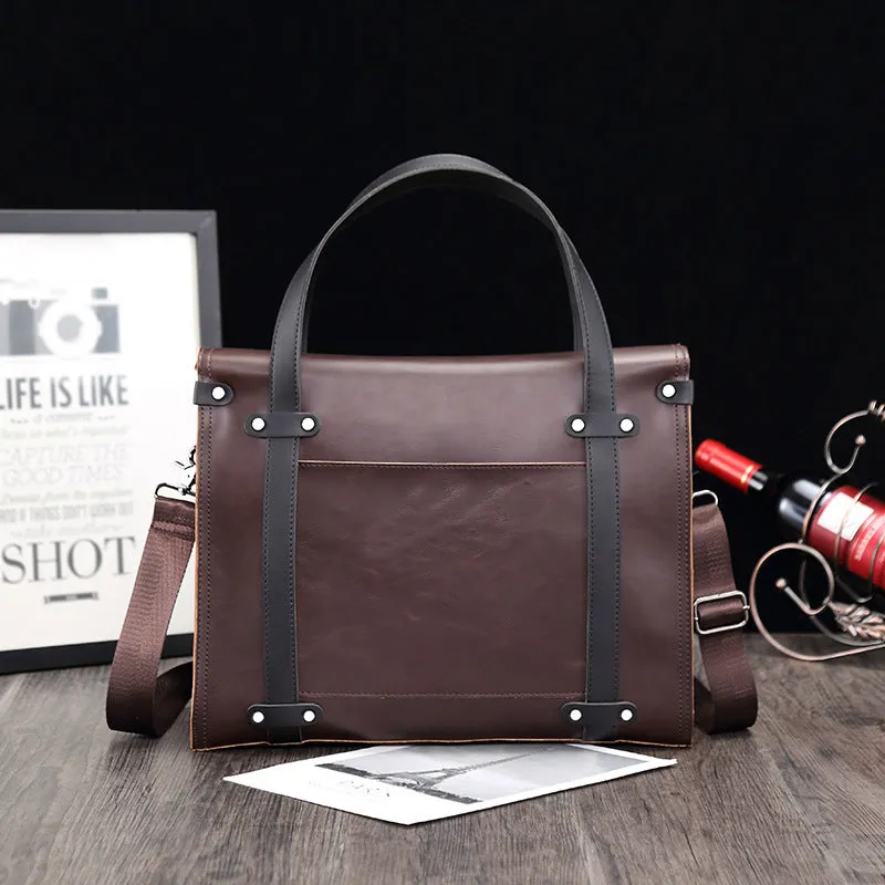 new retro men's handbag horizontal Crazy Horse leather business briefcase contrasting color shoulder messenger bag