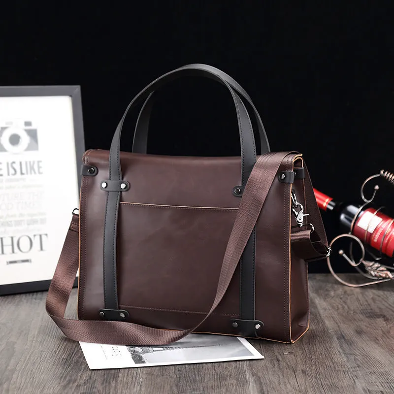 new retro men's handbag horizontal Crazy Horse leather business briefcase contrasting color shoulder messenger bag