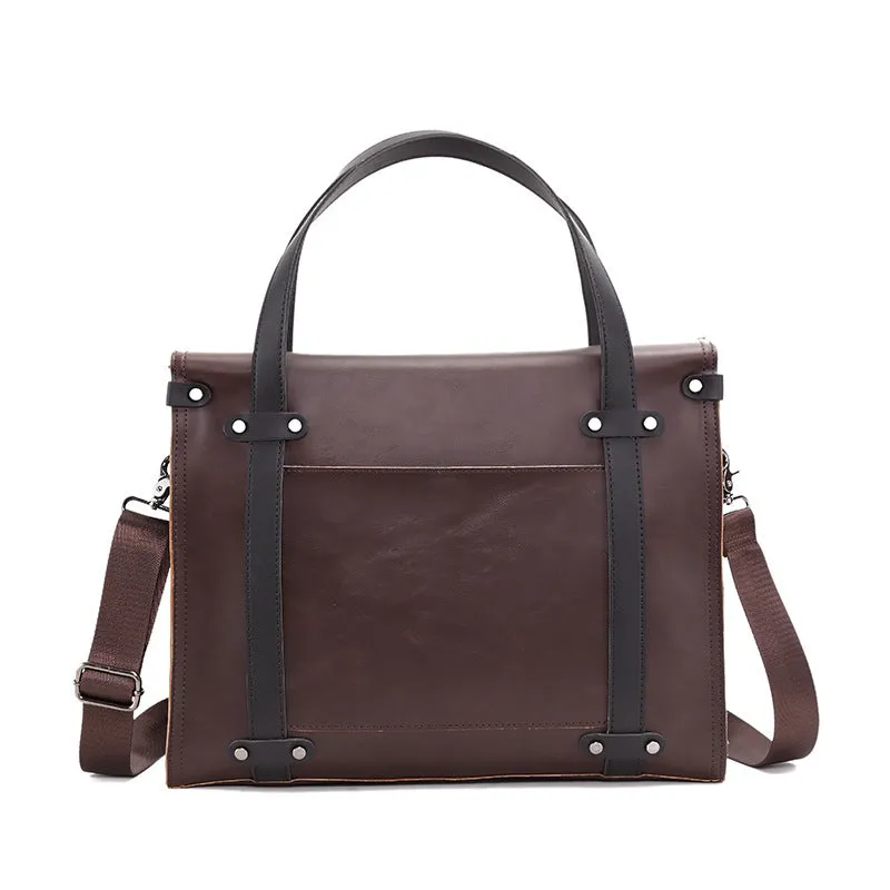 new retro men's handbag horizontal Crazy Horse leather business briefcase contrasting color shoulder messenger bag