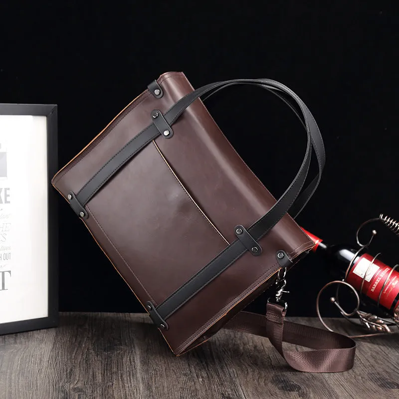 new retro men's handbag horizontal Crazy Horse leather business briefcase contrasting color shoulder messenger bag