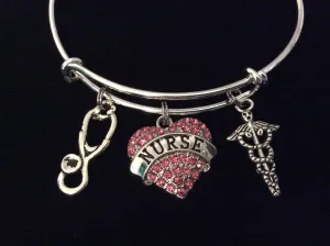 Nurse Pink Crystal Heart Charm Expandable Silver Bracelet Adjustable Wire Bangle Stethescope Caduceus