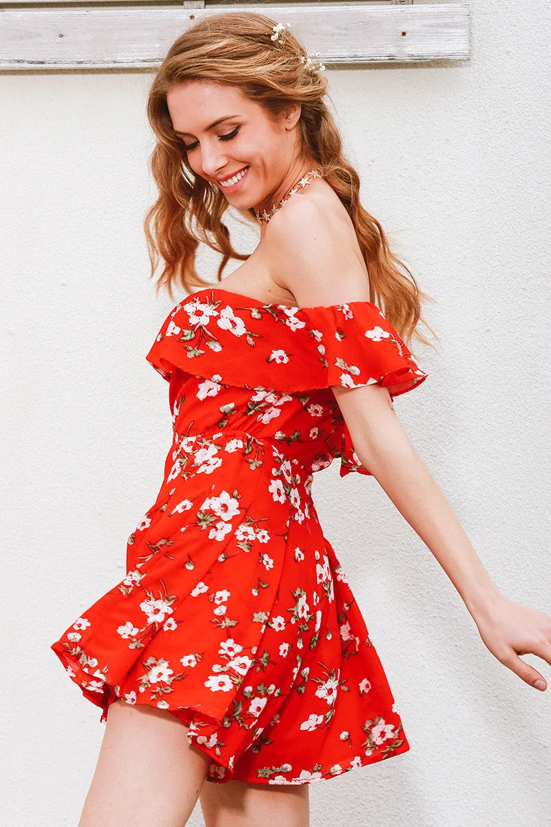 Off shoulder ruffles print jumpsuit romper women High waist chiffon sexy playsuits leotard Boho summer pleated overalls