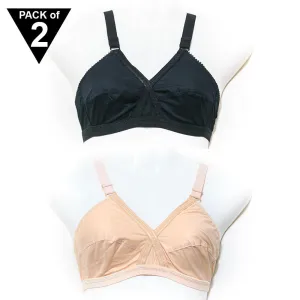 Pack of 2 Regular Cotton Bra - Daily Wear Bra - Black & Skin Bra