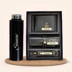 Personalised Black Classic Smart Bottle (1 Litre) & All in One Men's Combo (3 pcs) - Black