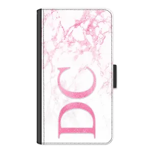 Personalised Honor Phone Leather Wallet with Pink Initials on Pink Marble