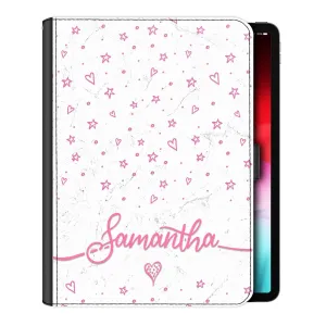Personalised iPad Case with Pink Stars Hearts and Name on White Marble