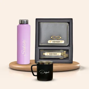 Personalised Pink Classic Smart Bottle (1 Litre), Stainless Steel Mug & All in One Men's Combo (2 pcs) - Grey