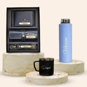 Personalised Voilet Classic Smart Bottle (1 Litre), Stainless Steel Mug & All in One Men's Combo (3 pcs) - Royal Blue