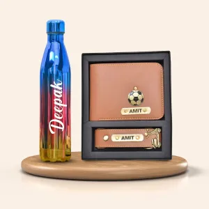 Personalized All in One Men's Combo (2 pcs) & Customized Rainbow Stainless Steel Water Bottles - Tan