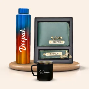 Personalized All in One Men's Combo (2 pcs) & Rainbow Classic Bottle 1Litre & Stainless Steel Mug - Olive Green