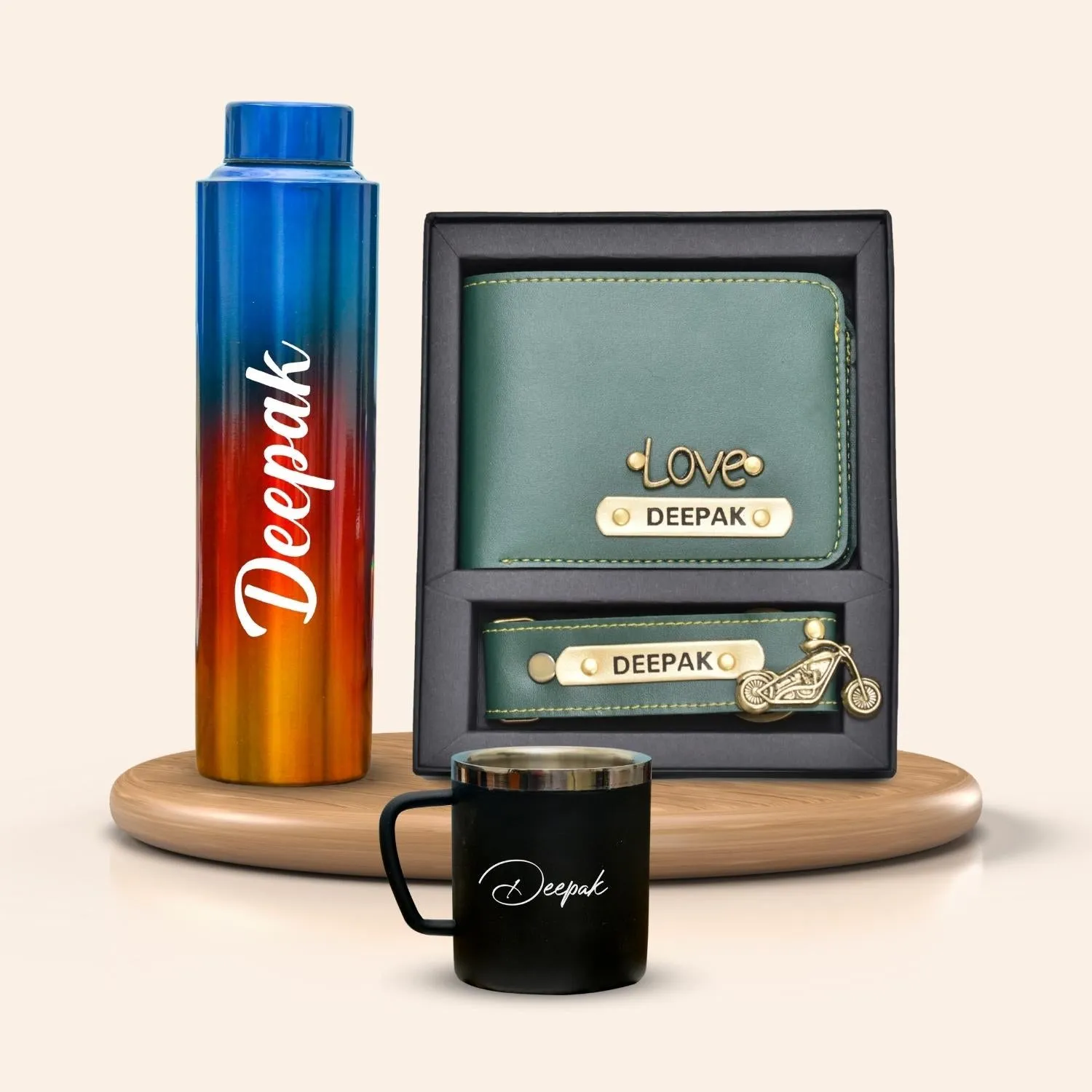Personalized All in One Men's Combo (2 pcs) & Rainbow Classic Bottle 1Litre & Stainless Steel Mug - Olive Green