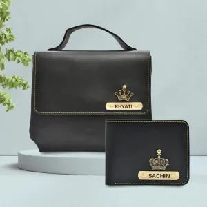 Personalized Couple's Combo : Sling Bag & Men's Wallet - Black
