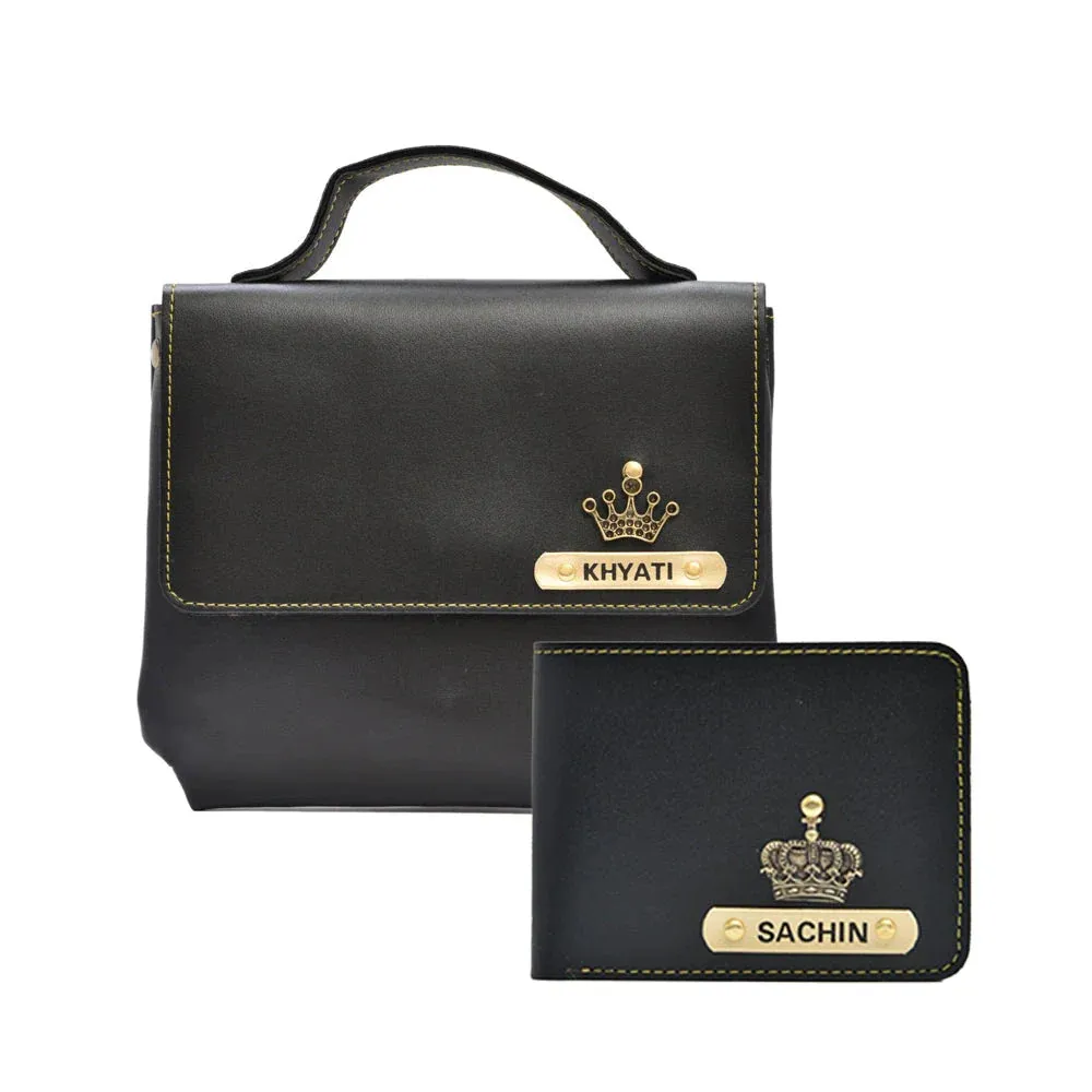 Personalized Couple's Combo : Sling Bag & Men's Wallet - Black