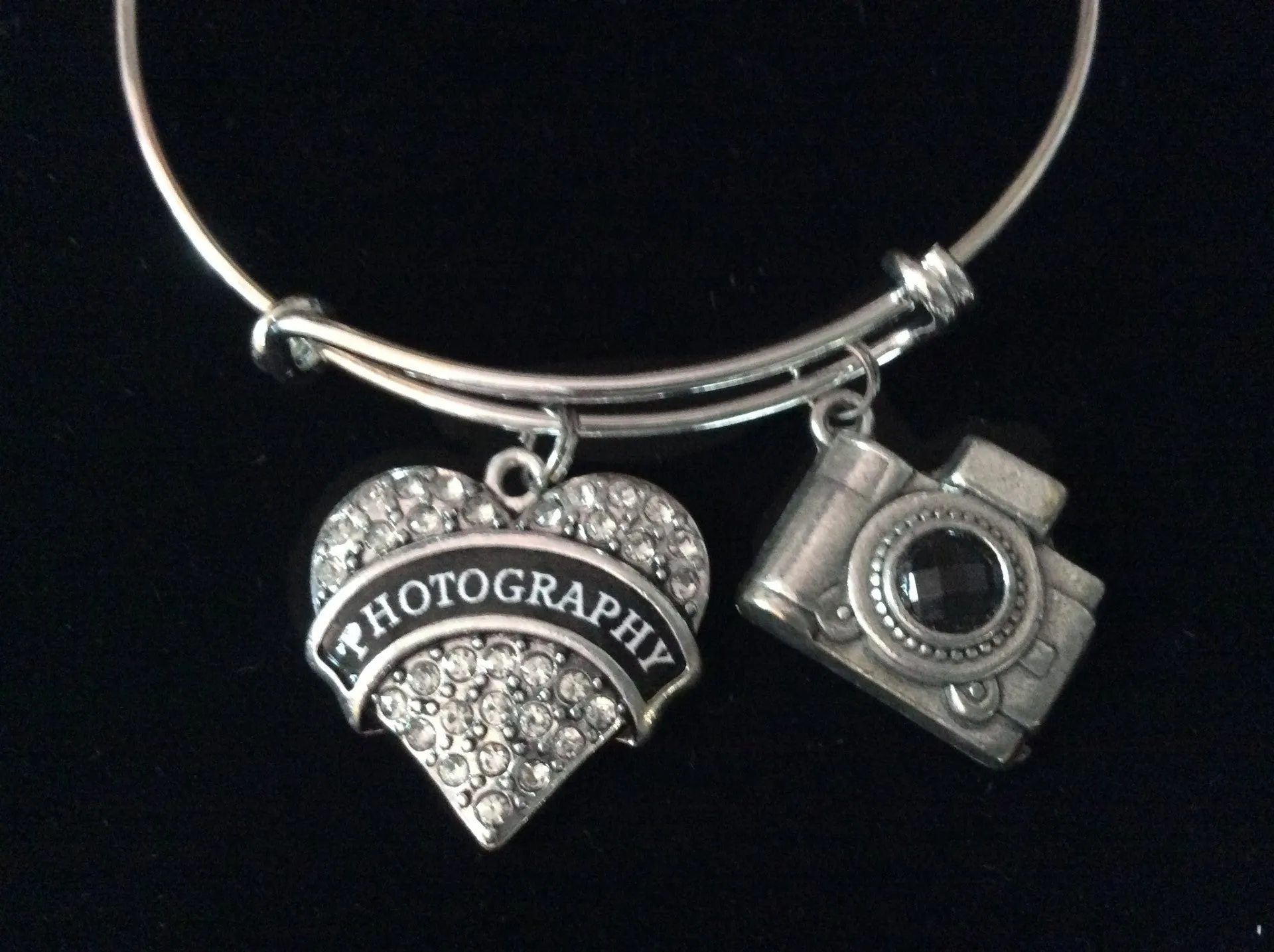 Photography Crystal Heart 3D Camera Expandable Charm Bracelet Silver Adjustable Wire Bangle Trendy Gift