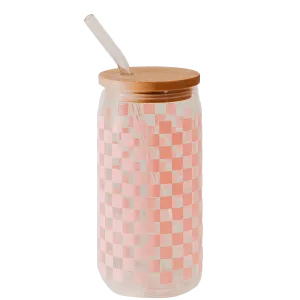 Pink Checkered 17 oz Can Glass w/ Straw and Lid - Decor