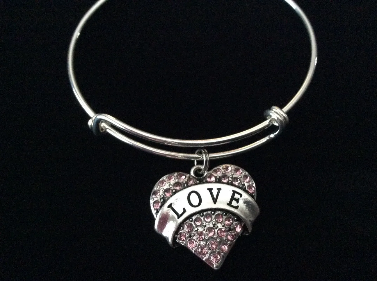 Pink Crystal Love Heart Expandable Charm Bracelet Adjustable Bangle Trendy Gift