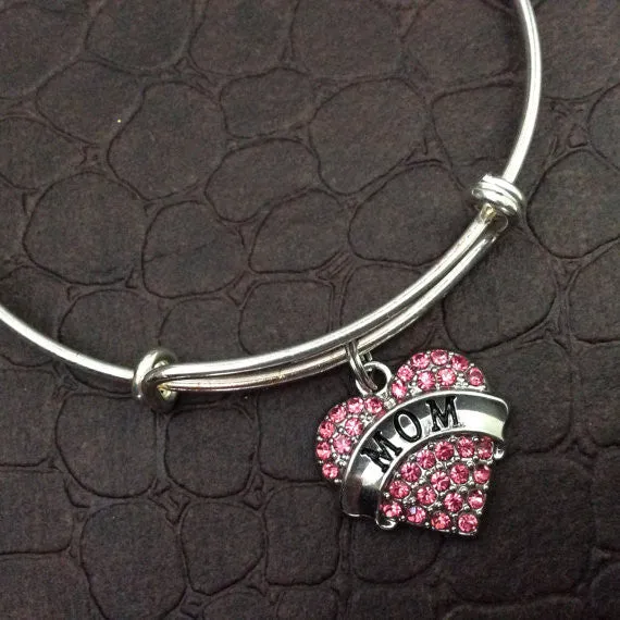 Pink Mom Crystal Heart Charm Silver Bracelet on Expandable Adjustable Wire Bangle Handmade Mother Trendy Gift