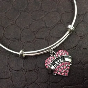 Pink Mom Crystal Heart Charm Silver Bracelet on Expandable Adjustable Wire Bangle Handmade Mother Trendy Gift