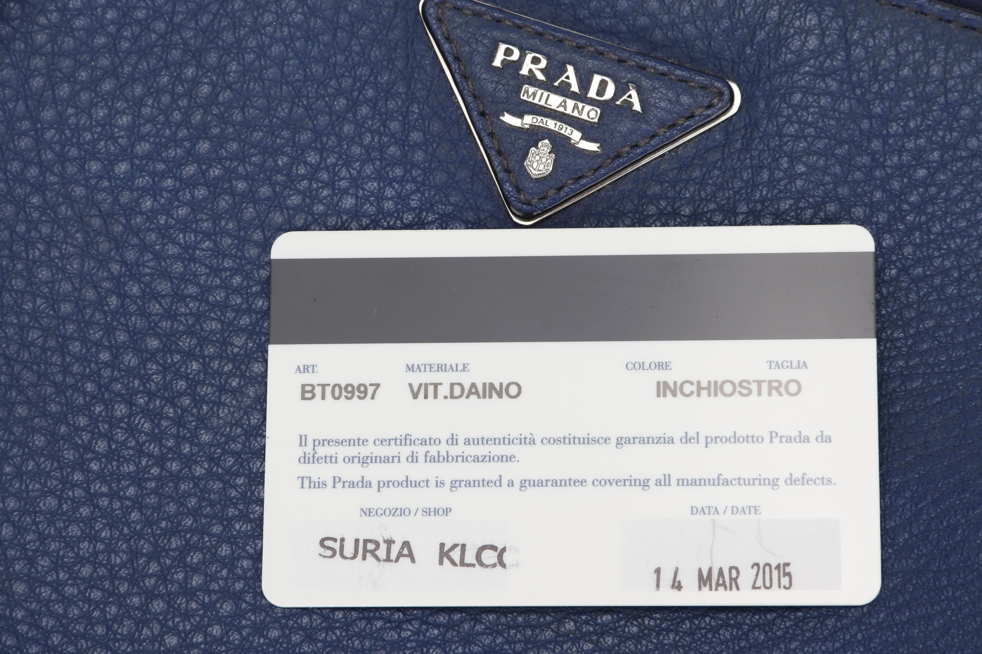 Prada Blue Leather Sling Bag, with Strap, Card & Dust Cover