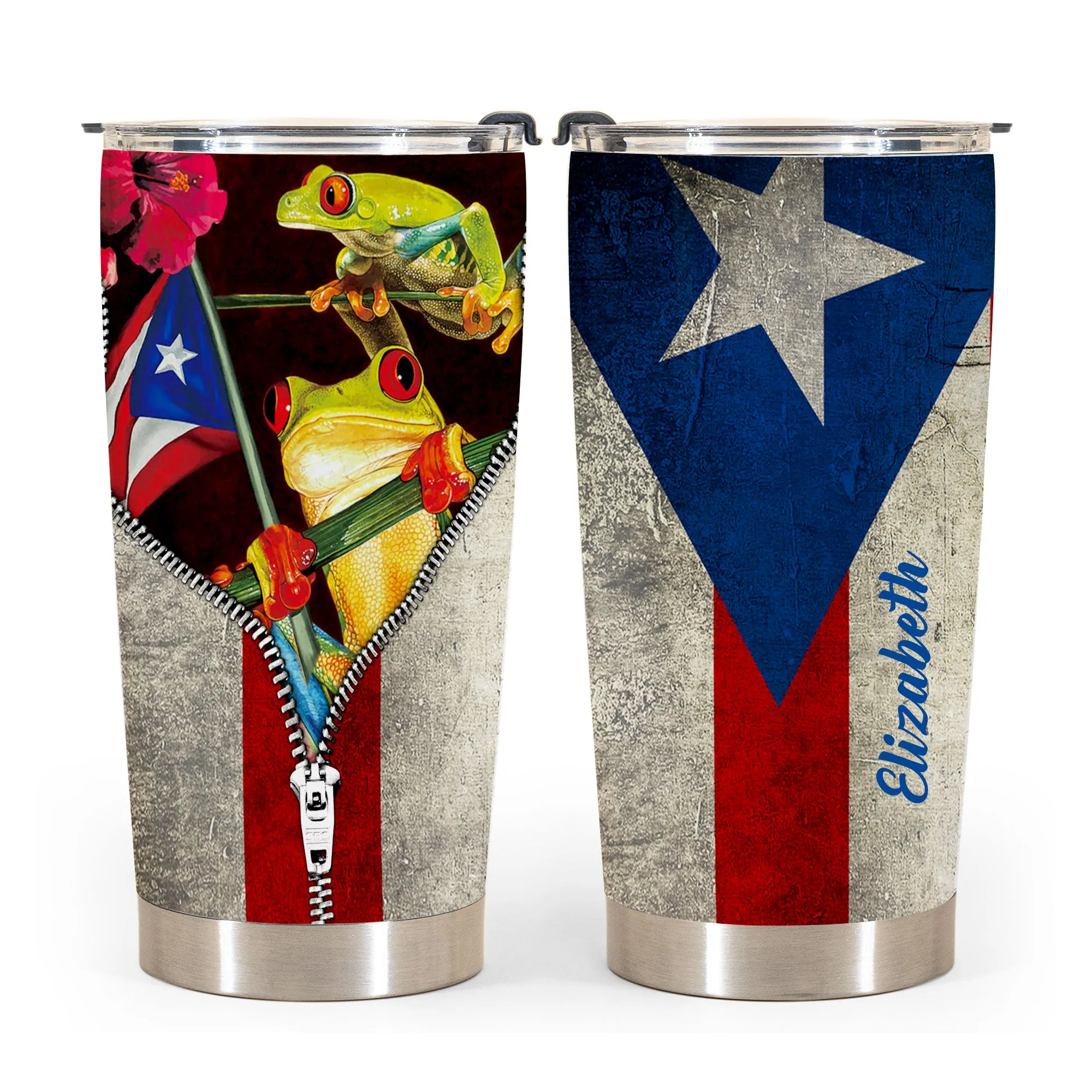 Puerto Rico Personalized Steel Cup Tumbler With Frog, Zipper, Flag