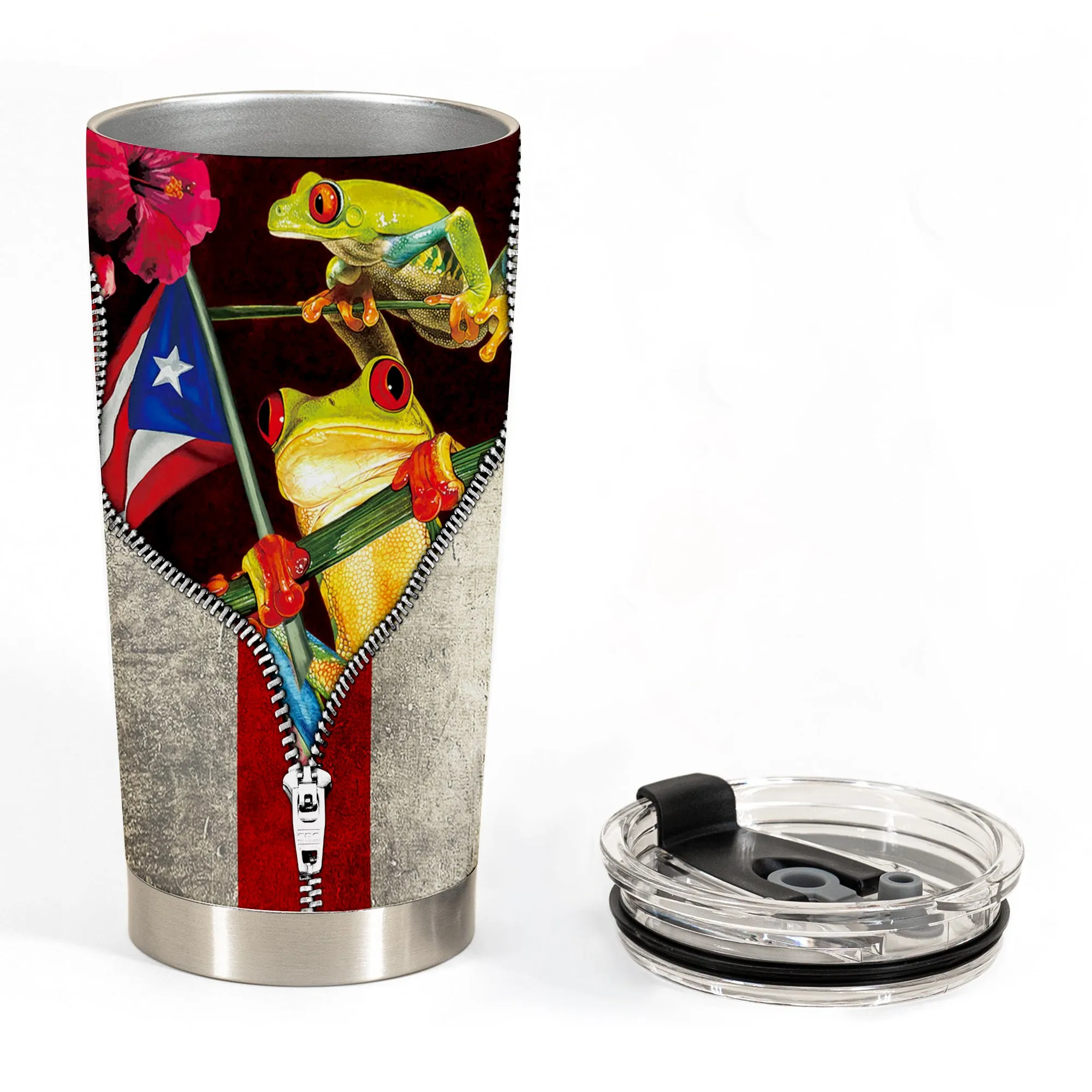 Puerto Rico Personalized Steel Cup Tumbler With Frog, Zipper, Flag