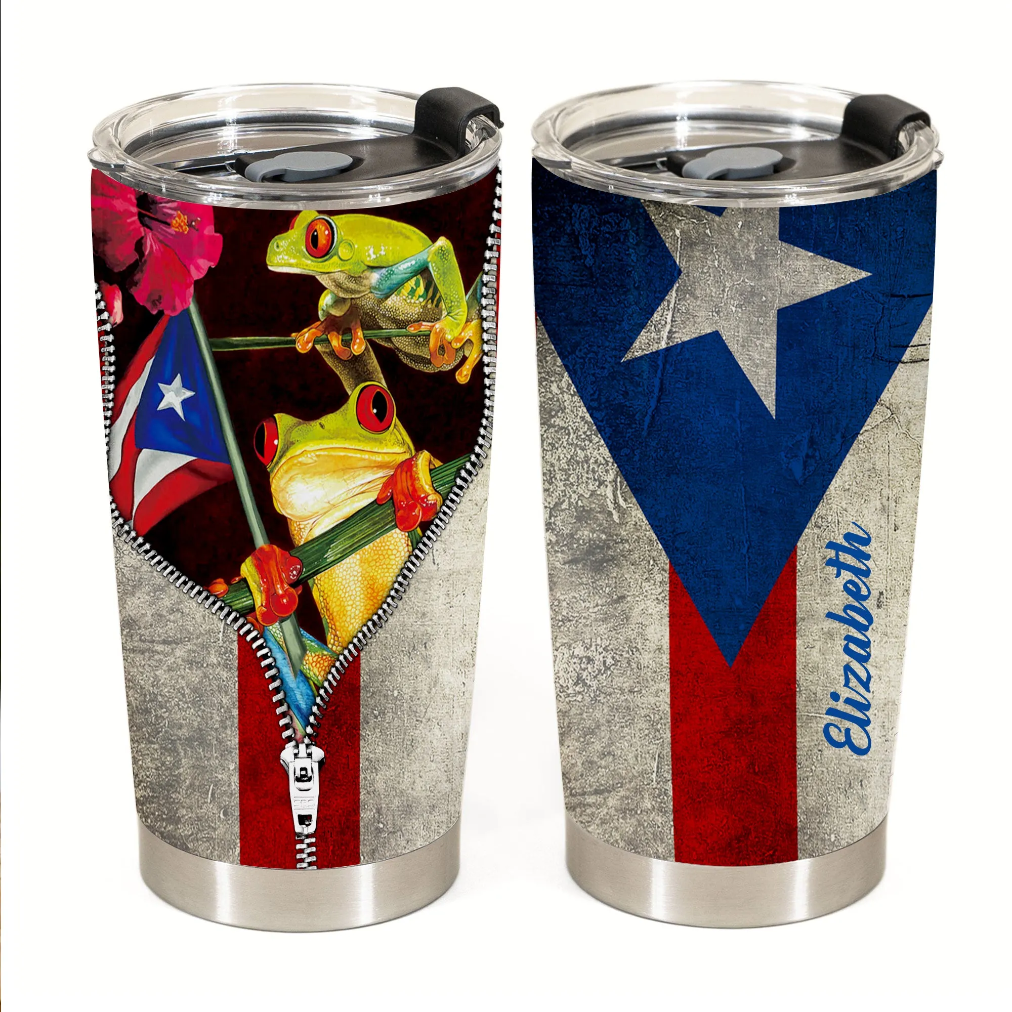 Puerto Rico Personalized Steel Cup Tumbler With Frog, Zipper, Flag