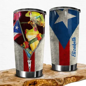 Puerto Rico Personalized Steel Cup Tumbler With Frog, Zipper, Flag
