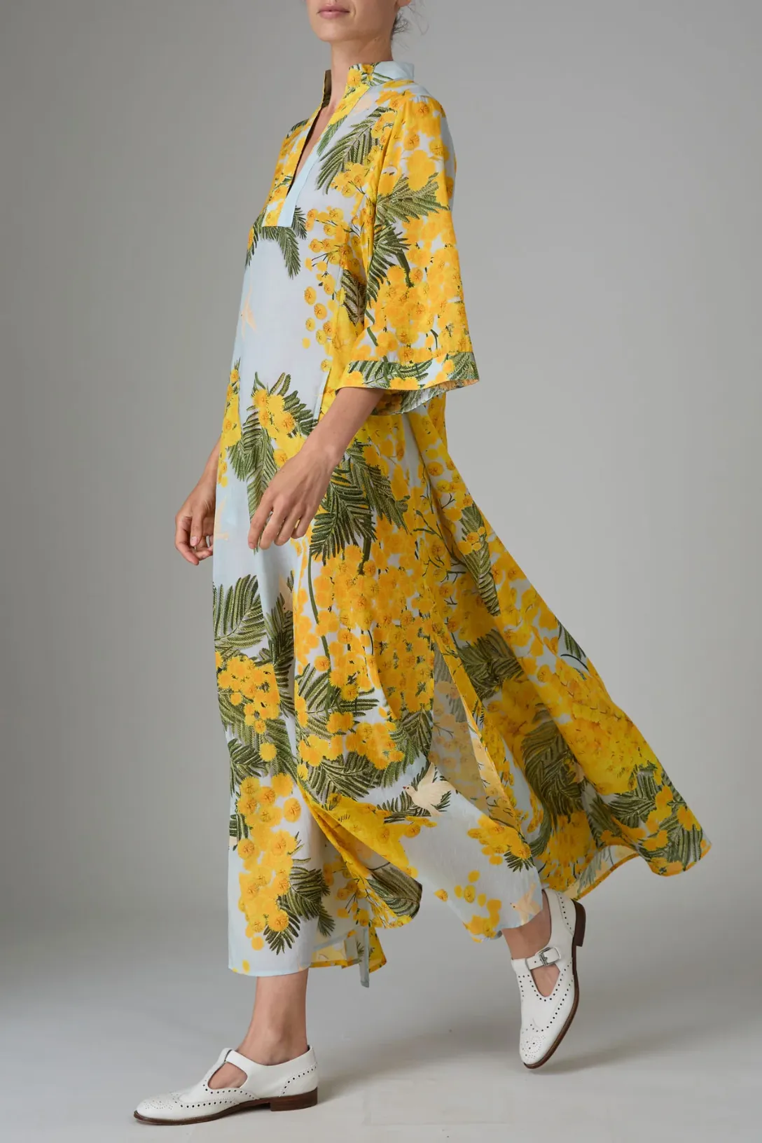 Rachel Voile Garden of Eden Print Kaftan | Yellow / Storm Blue