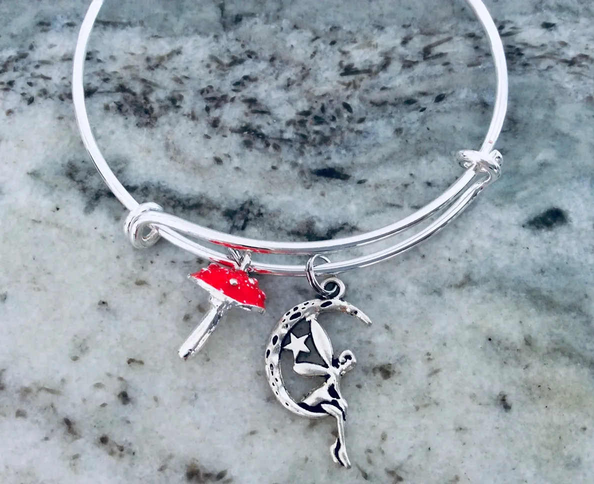 Red Mushroom Charm Bracelet Fairy Expandable Charm Bracelet Silver Adjustable One Size Fits All Fairies Pixie