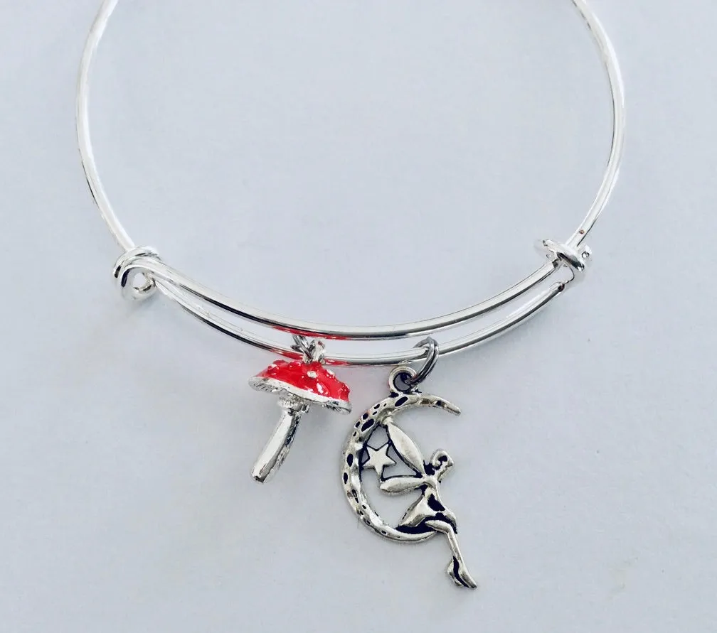 Red Mushroom Charm Bracelet Fairy Expandable Charm Bracelet Silver Adjustable One Size Fits All Fairies Pixie