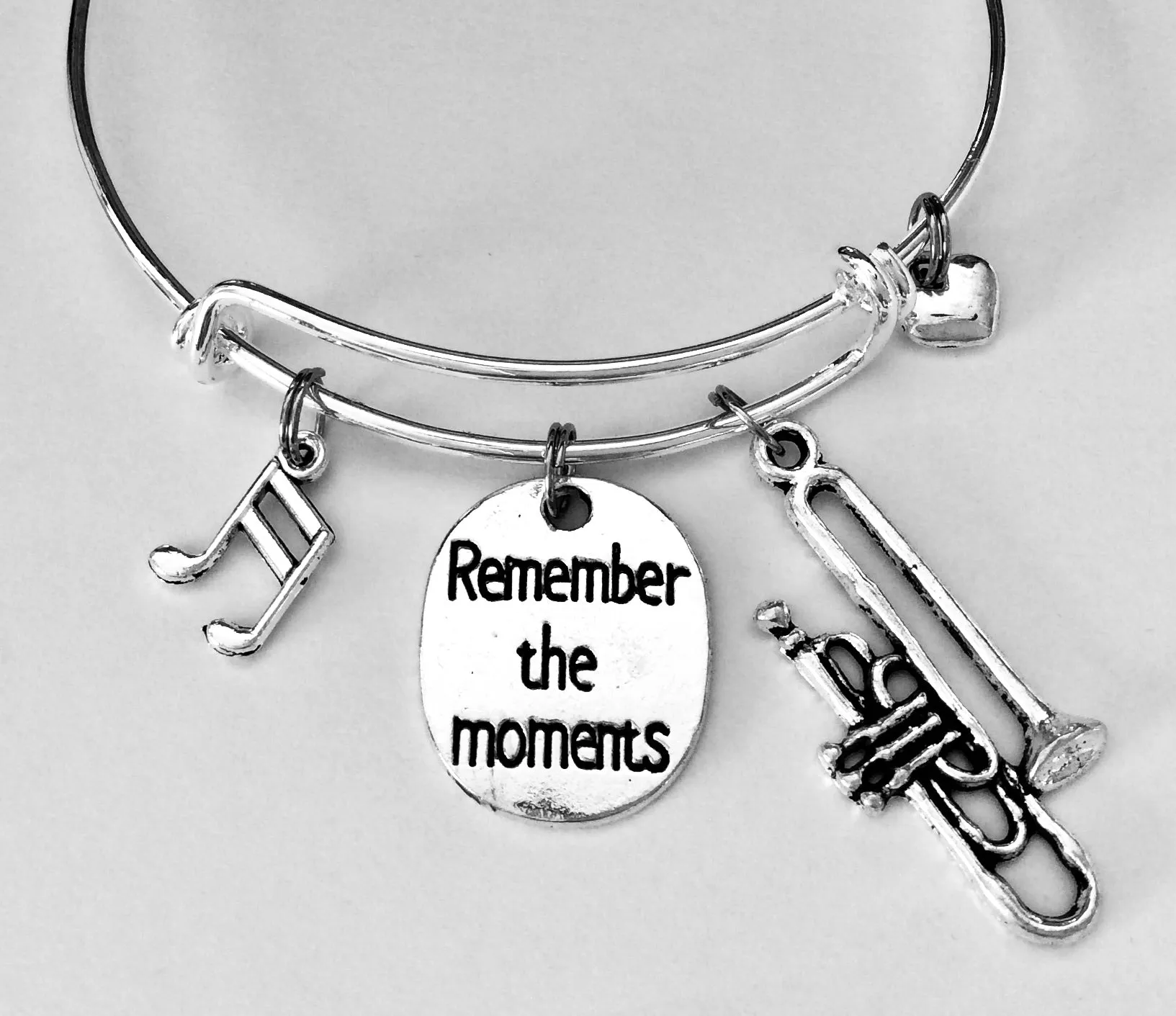 Remember The Moments Trombone Expandable Charm Bracelet Orchestra Music Graduation Gift Silver