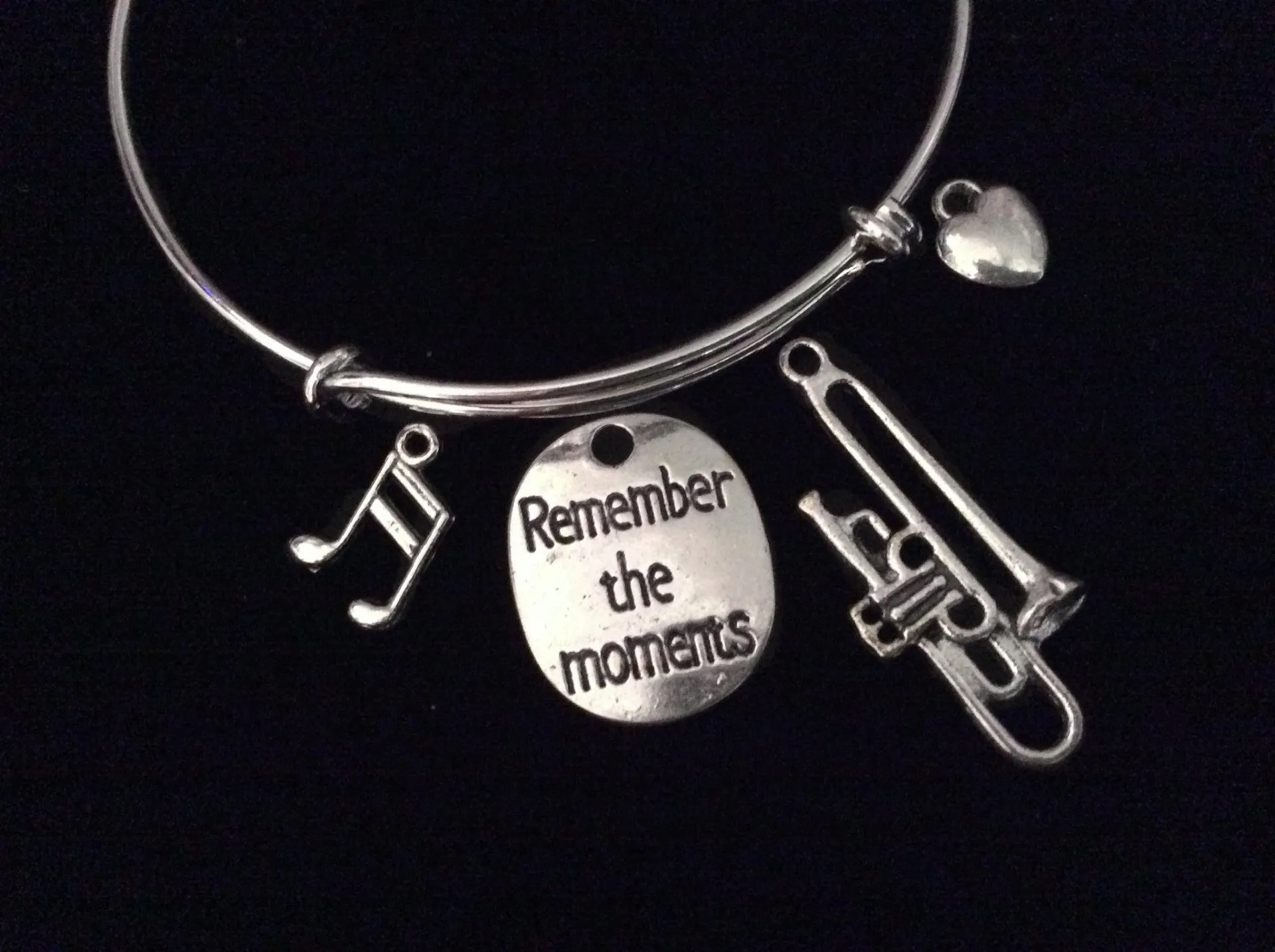Remember The Moments Trombone Expandable Charm Bracelet Orchestra Music Graduation Gift Silver